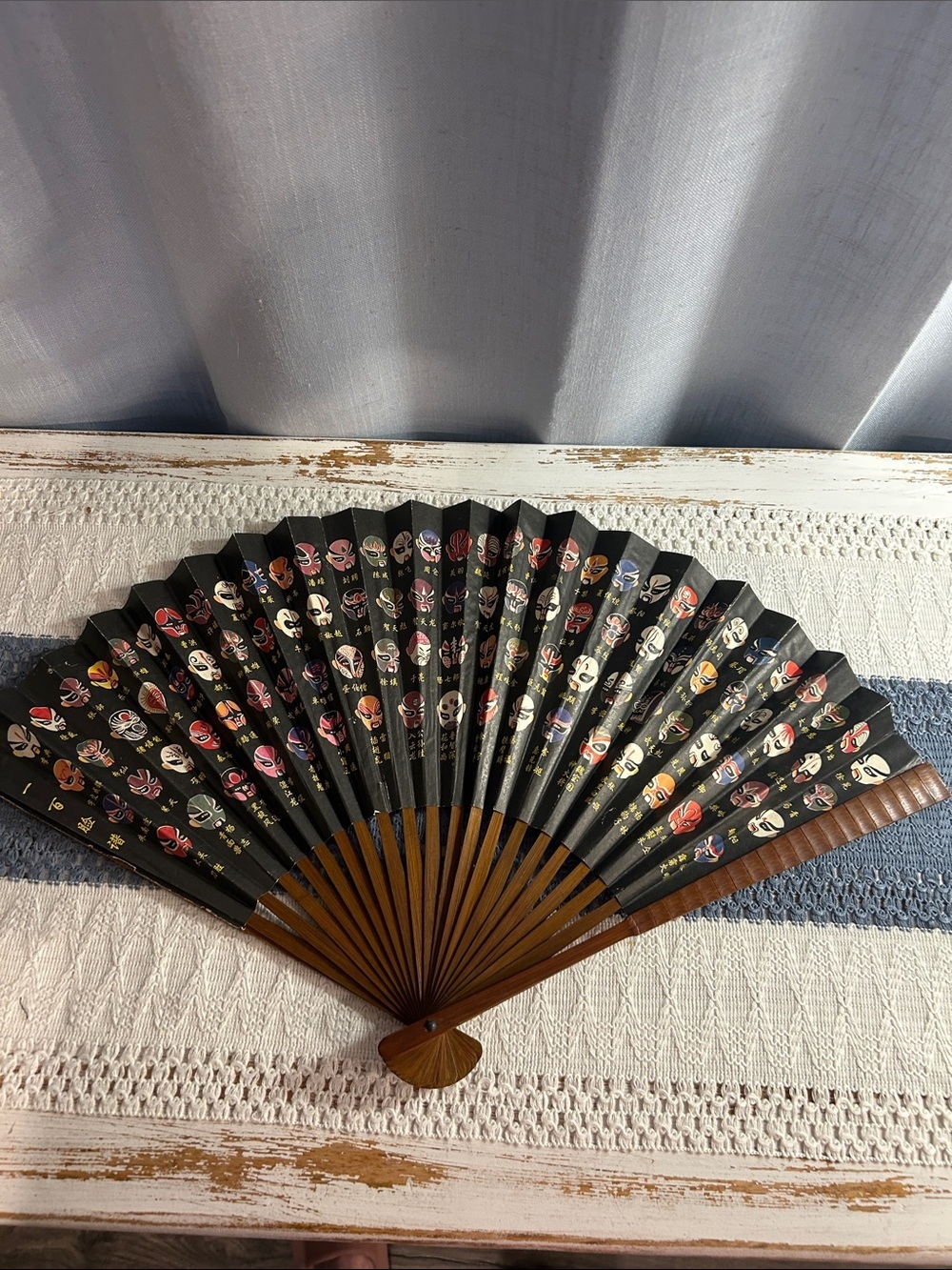 Vintage Chinese Peking Opera Mask Folding Fan Wood Black Gold Wall Decor
